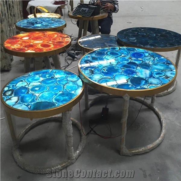 Backlit Gemstone Round Coffee Bar Top,Agate Stone Tea Table