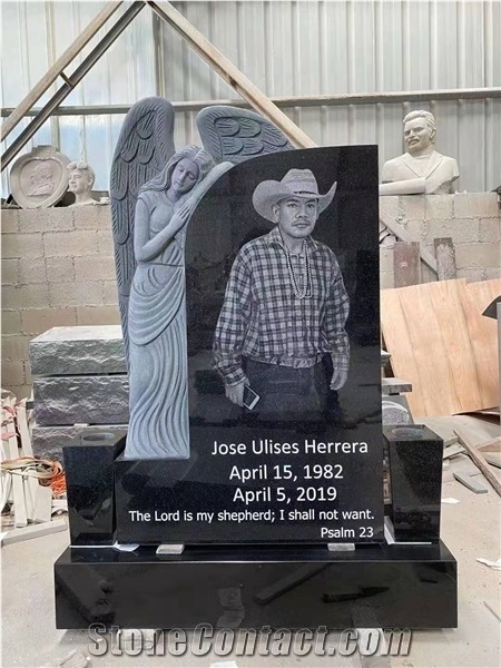 Shangxi Black Granite Sandblasted Headstone & Gravestone
