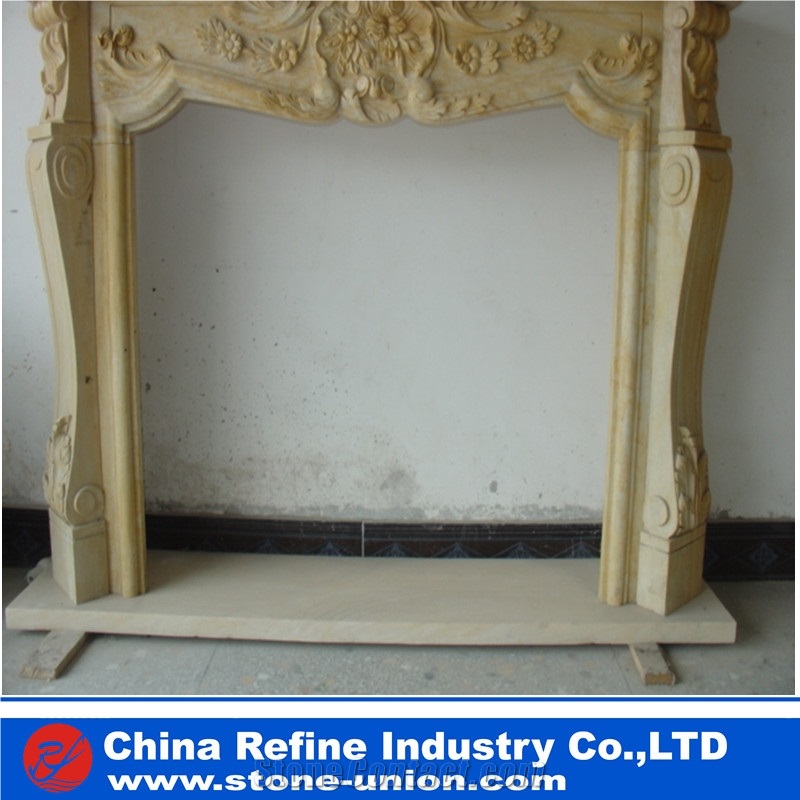 Beige Yellow Marble Decorated Fireplace Mantel