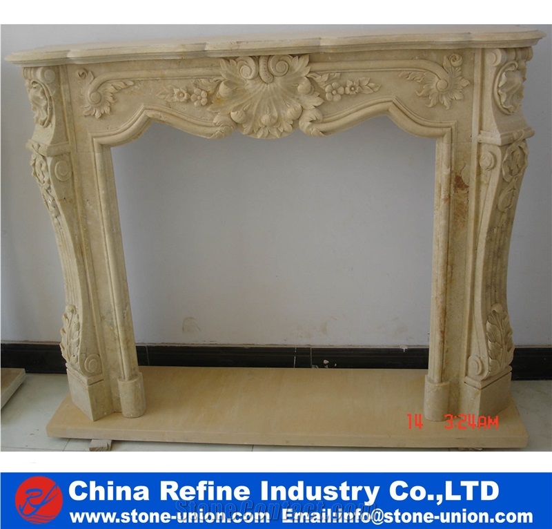Beige Yellow Marble Decorated Fireplace Mantel