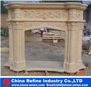 Beige Yellow Marble Decorated Fireplace Mantel