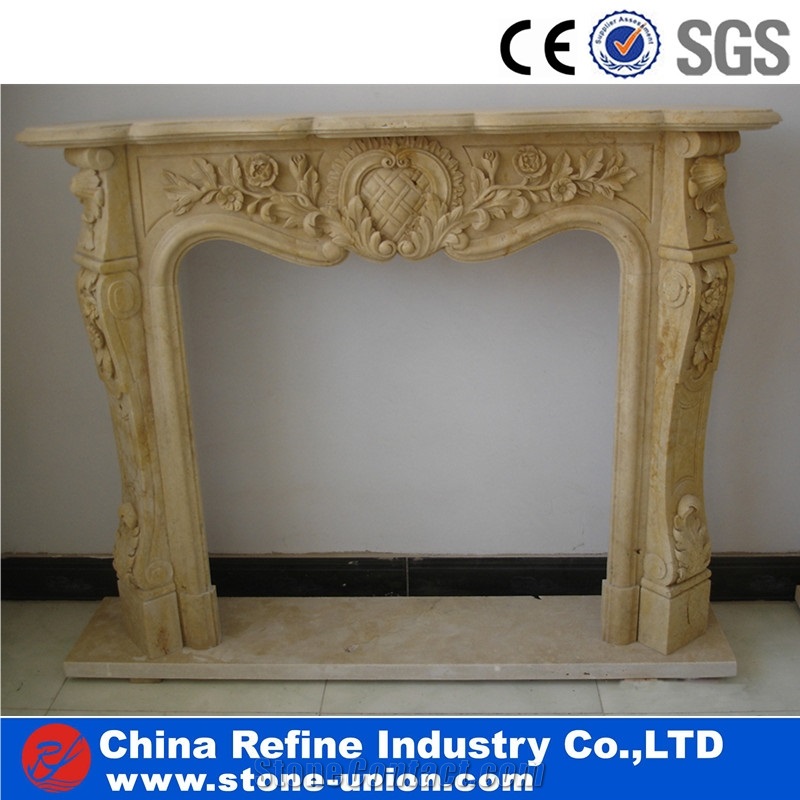 Beige Yellow Marble Decorated Fireplace Mantel