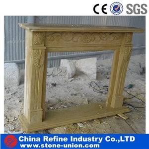 Beige Yellow Marble Decorated Fireplace Mantel