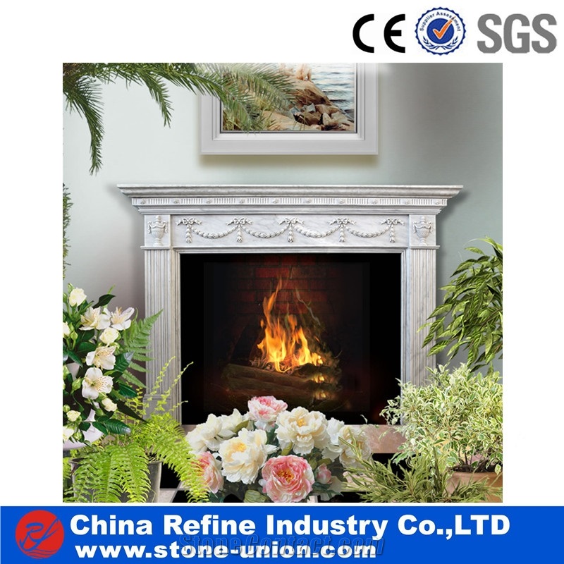 White Marble Sculptured Decorated Fireplace Insert