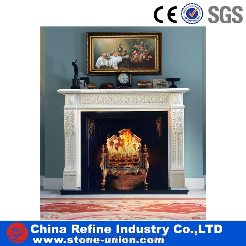 White Marble Sculptured Decorated Fireplace Insert