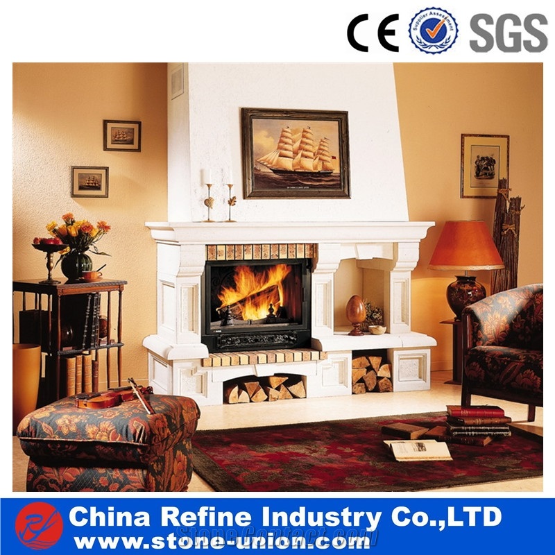 White Marble Sculptured Decorated Fireplace Insert