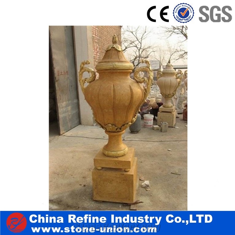 Yellow Chinese Limestone Sculpture Flower Pots