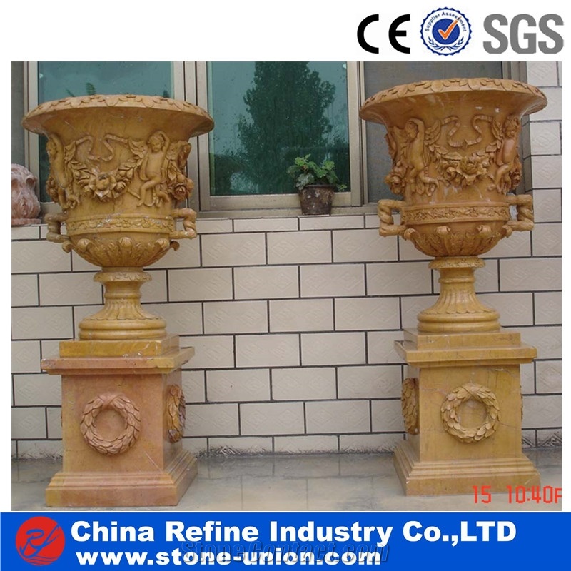 Yellow Chinese Limestone Sculpture Flower Pots