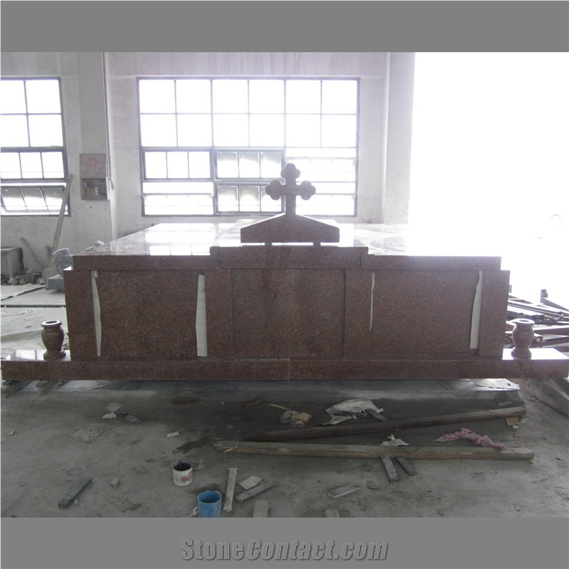 Indian Red Granite 3 Crypts Cemetery Mausoleum