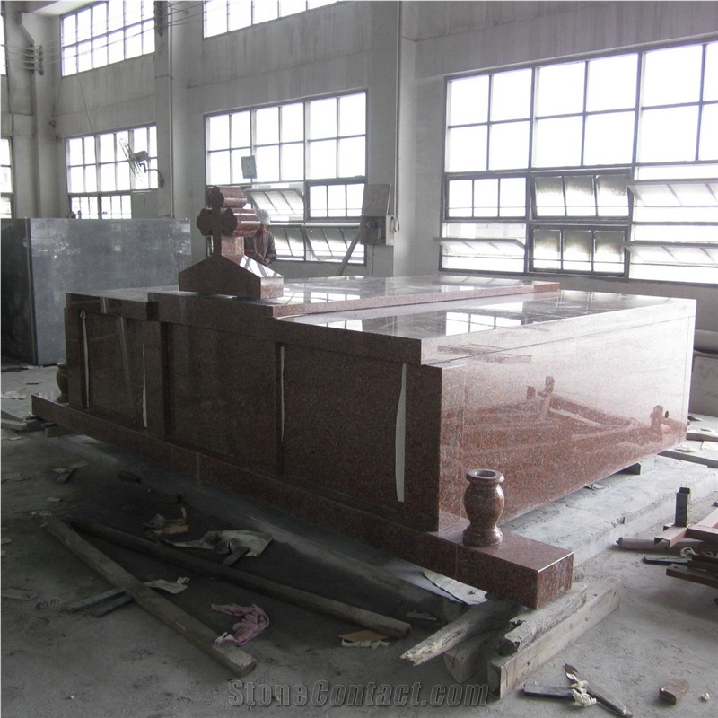 Indian Red Granite 3 Crypts Cemetery Mausoleum