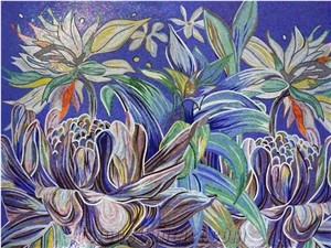 Blue Background and Lotus Flower Glass Mosaic Medallion