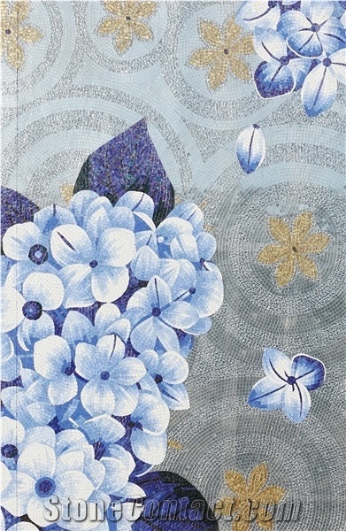 Blue Flowers with Leaves Glass Mosaic Art Medallion