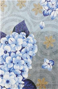 Blue Flowers with Leaves Glass Mosaic Art Medallion