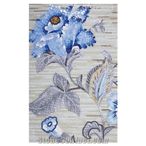 Blue Lotus with Leaves Glass Mosaic Art Medallion