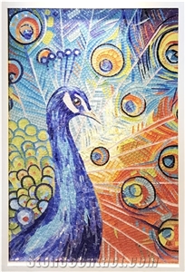 Colorful Peacocks Glass Mosaic Art Medallion Artworks