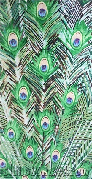 Green Peacock Tails with Glass Mosaic Art Medallion Pattern