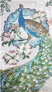 Green Peacock with Wthie Background Glass Mosaic