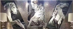 Three Horses Statue Glass Mosaic Art Medallion Three Horses Statue Glass Mosaic Art Medallion