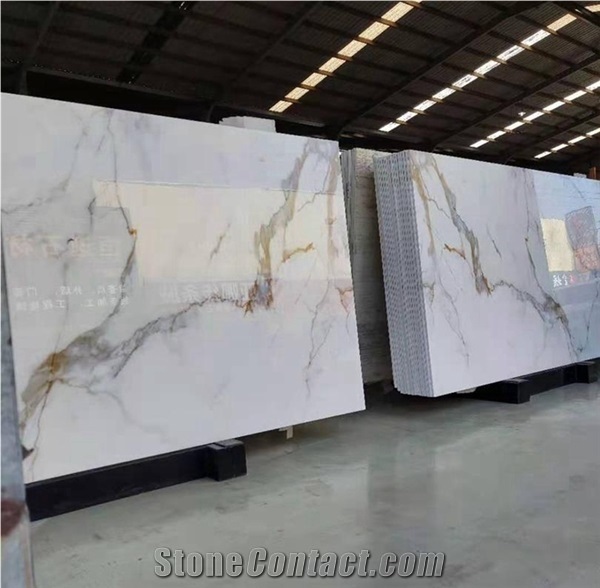 Calacatta Gold Nano Glass Stone Bookmatch Crystallized Slab