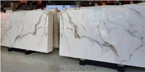 Calacatta Gold Nano Glass Stone Bookmatch Crystallized Slab