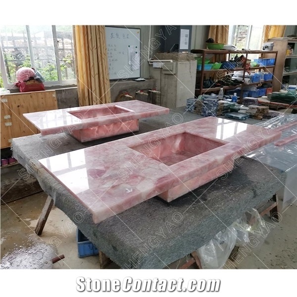 Customized Gemstone Pink Crystal Kitchen Bar Top for Villa