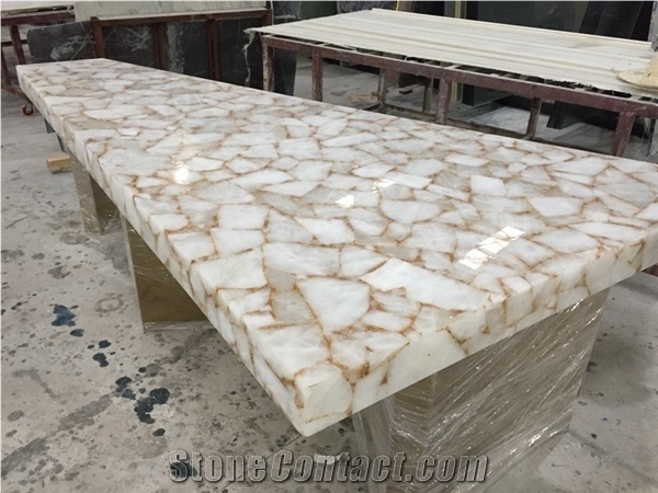 Custom Dining Table White Gold Crystal Semiprecious Stone