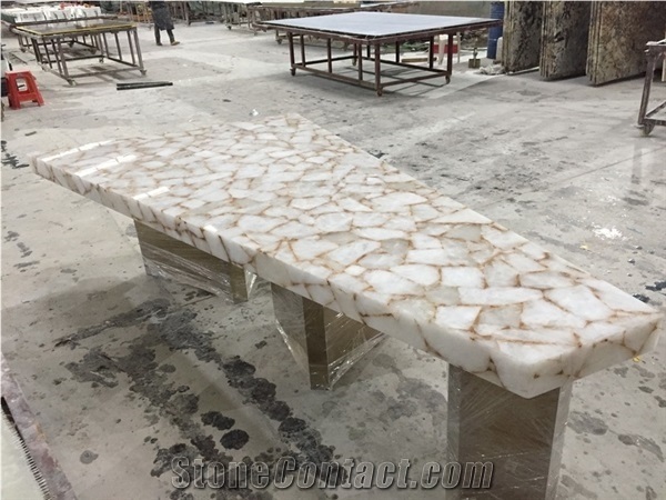 Custom Dining Table White Gold Crystal Semiprecious Stone