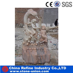 Lovely Children and Dolphin Sunset Red Marble Water Feature