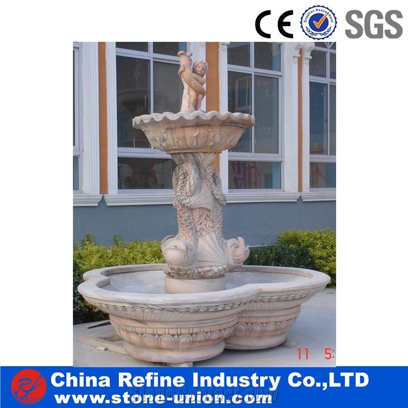 Sunset Red Marble Fountains with Children & Fish Statues
