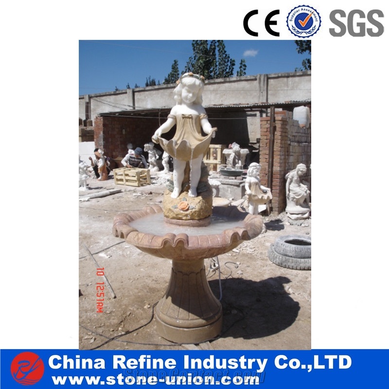 Sunset Red Marble Fountains with Children & Fish Statues