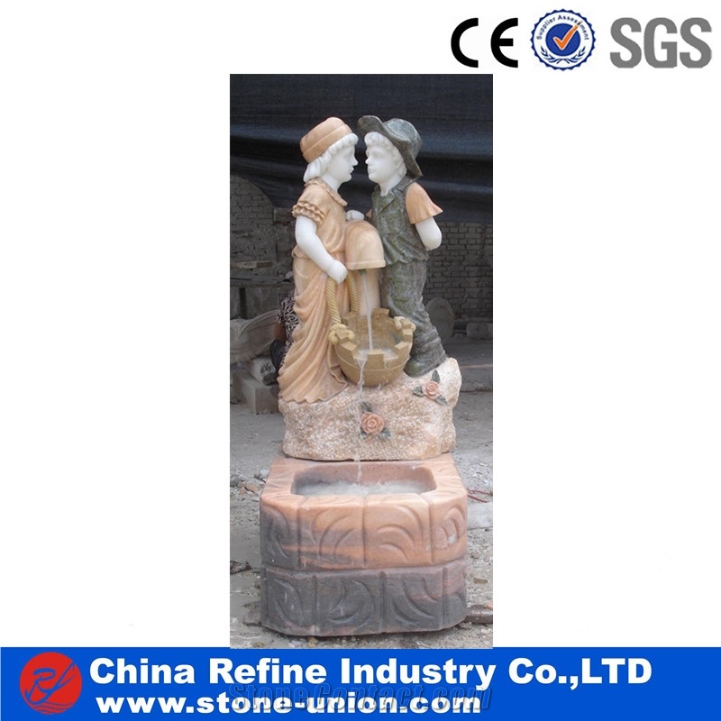 Sunset Red Marble Fountains with Children & Fish Statues