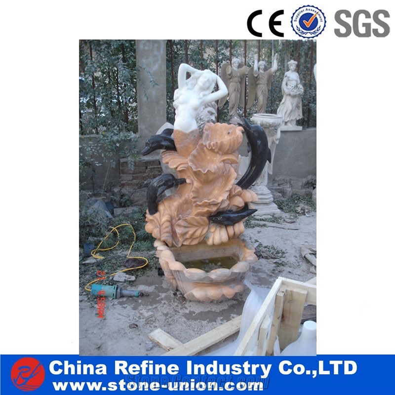 Sunset Red Marble Fountains with Children & Fish Statues