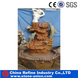 Sunset Red Marble Fountains with Children & Fish Statues