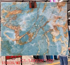 Blue Onyx Aqua Gold Agate Slab Tile for Wall Back Use