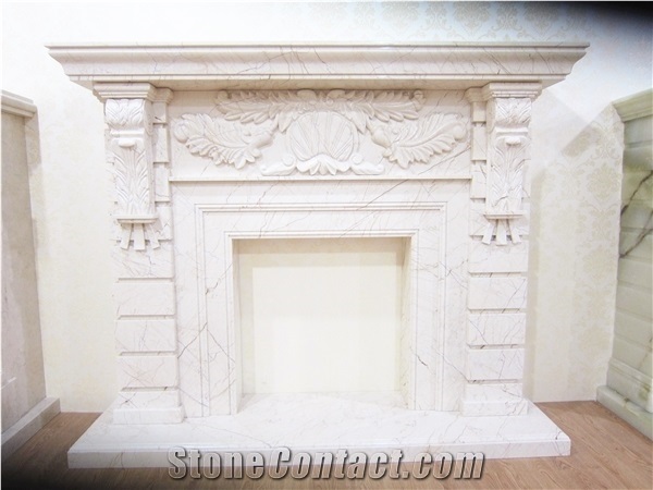 Beige Marble Wall Mounted Fireplace, Modern Marble Fireplace
