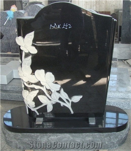 Black Upright Tombstone Headstone Monument with Flower