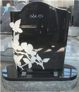 Black Upright Tombstone Headstone Monument with Flower