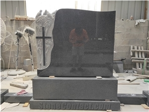 G654 Dark Grey Celtic Tombstone Gravestone with Brid Carving