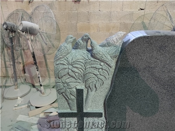 G654 Dark Grey Celtic Tombstone Gravestone with Brid Carving