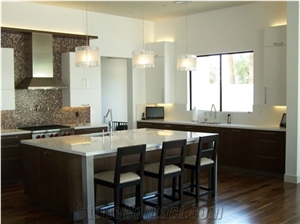 Quartz Countertop and Glass Mosaic Tile Backsplash