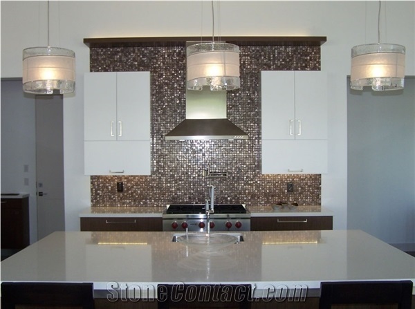 Quartz Countertop and Glass Mosaic Tile Backsplash