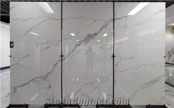 Calacatta Oro White Artificial Marble Sintered Stone Slab Wall Bookmatched