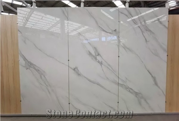 Calacatta Oro White Artificial Marble Sintered Stone Slab Wall Bookmatched