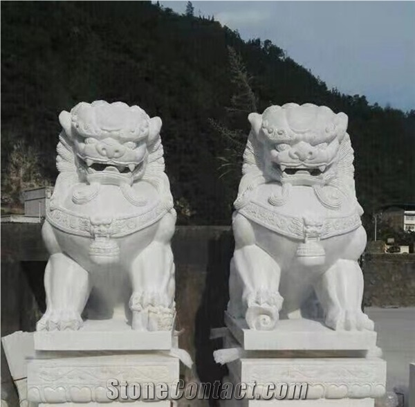 Chinese Large Set Foo Dog Marble Sculpture