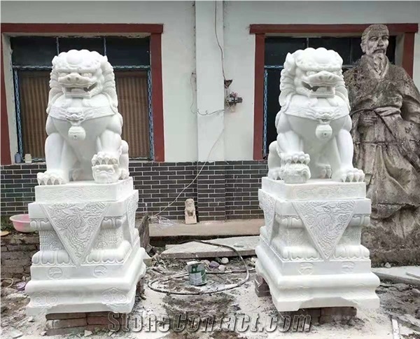 Chinese Large Set Foo Dog Marble Sculpture