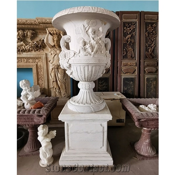 Figure Statue Of Natural Marble Big Flowerpot