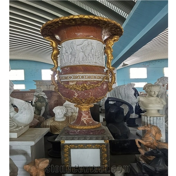 Large White Marble Outdoor Flower Pot with Figure Statues