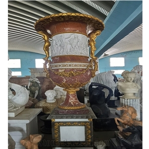 Large White Marble Outdoor Flower Pot with Figure Statues
