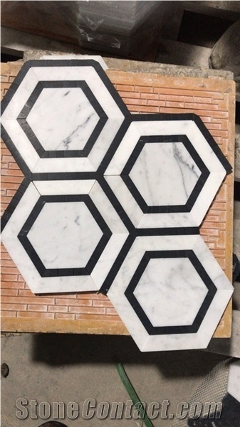 Carrara White Marble 5" Hexagon Combination Mosaic Black