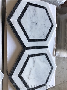 Carrara White Marble 5" Hexagon Combination Mosaic Black